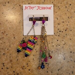 NWT Betsey Johnson Piniata Beaded Mismatch Earrings Other with Chains and Charms